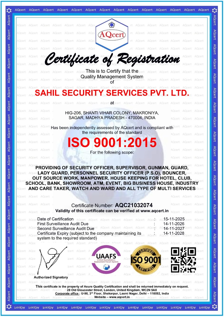 ISO 9001:2015 Certificate — Sahil Security Services Pvt. Ltd.
